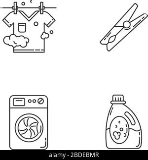 Clothes cleaning items pixel perfect linear icons set. Clothing washing and outdoor drying. Customizable thin line contour symbols. Isolated vector Stock Vector