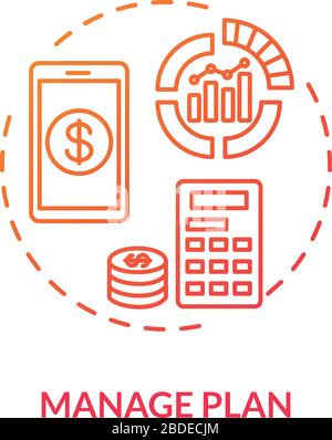 Manage plan red concept icon. Internet tariff cost. Calculate payment online. Mobile banking. Manage finance. Roaming idea thin line illustration Stock Vector
