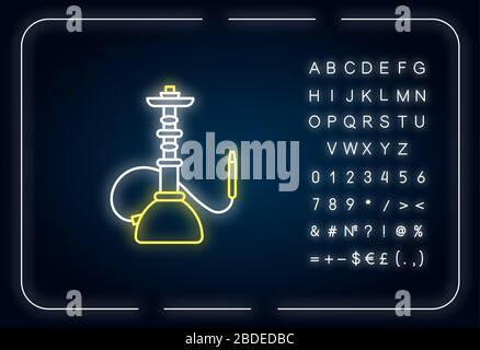 Hookah neon light icon. Sheesha house. Shisha bar for leisure. Nargile lounge. Odor from pipe. Outer glowing effect. Sign with alphabet, numbers and Stock Vector