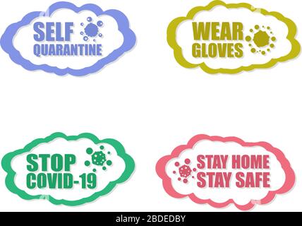 Self Quarantine Wear Gloves Stop Covid-19 Stay Home Stay Safe words. Wuhan China Travel corona virus warning and quarantine. Icon Set isolated on whit Stock Photo