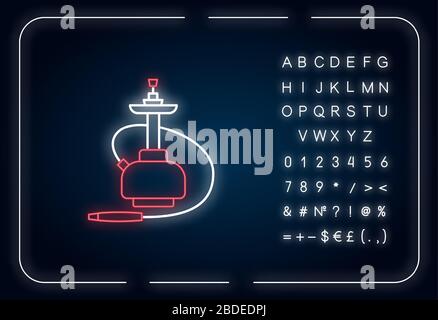 Hookah neon light icon. Sheesha house. Hooka and shisha menu. Nargile lounge. Odor from pipe. Outer glowing effect. Sign with alphabet, numbers and Stock Vector