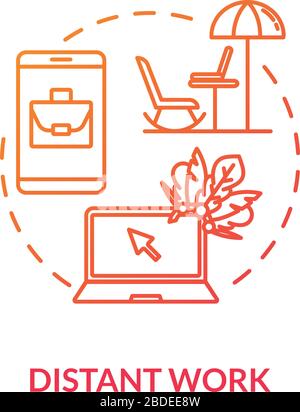 Distant work red concept icon. Freelance with laptop. Freedom from office. Outsource while on vacation. Roaming idea thin line illustration. Vector Stock Vector