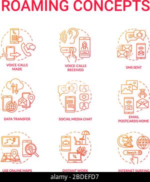 Roaming red concept icons set. Surfing network. Data transfer. Incoming voice calls. Distant work. Internet connection idea thin line RGB color Stock Vector