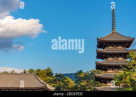 Five-storied pagoda inside the Kofuku-ji buddhist temple. one of the powerful Seven Great Temples in the city of Nara, Nara Prefecture, Japan Stock Photo