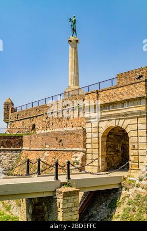 Statue of The Victor, or Pobednik, in Kalamegdan Fortress and park in Belgrade, Serbia. May 2017. Stock Photo