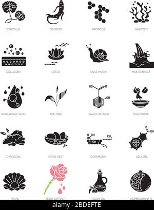 Cosmetic ingredient black glyph icons set on white space. Propolis for royal honey. Exfoliating treatment. Collagen, ceramide. Chemical formulas Stock Vector
