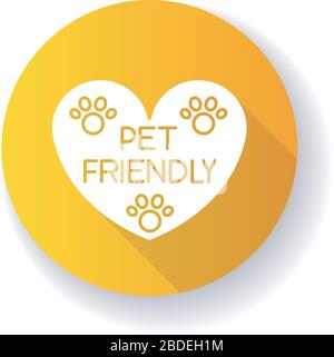 Pet friendly area sign yellow flat design long shadow glyph icon. Grooming salon heart shaped logo, animals welcome zone. Cats and dogs permitted Stock Vector