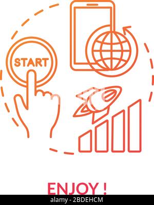 Enjoy red concept icon. Press start button. Global coverage. Launch process. Fast speed internet. 4g coverage. Roaming idea thin line illustration Stock Vector