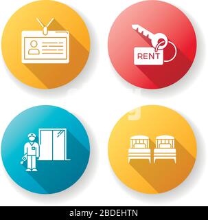 Renting hotel room flat design long shadow glyph icons set. Living accommodation. Single beds. Security guard, elevator operator. Apartment key Stock Vector