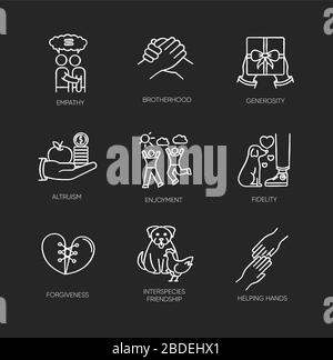 Friendship and support chalk white icons set on black background. Best friends connection. Interpersonal relationship, friendly interspecies bond Stock Vector