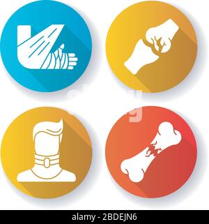 Body injuries flat design long shadow glyph icons set. Bone and joint fractures. Broken neck. Cervical collar. Arm in bandage, plaster. Medical Stock Vector