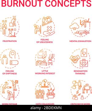 Burnout red concept icons set. Work fatigue. Conflict with colleagues. Mental exhaustion. Little working interest. Frustration idea thin line RGB Stock Vector