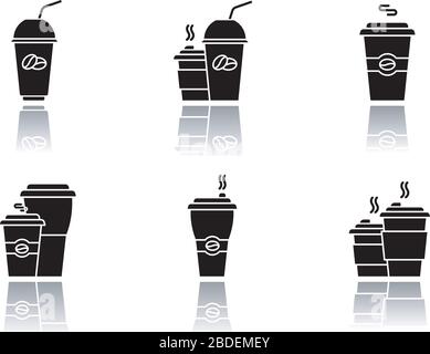 Coffee to go drop shadow black glyph icons set. Disposable plastic cups with caffeine drinks. Take out cold and hot beverages. Latte, cappuccino mugs Stock Vector