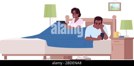 African american couple on bed using devices semi flat RGB vector illustration. Gadgets overuse, lack of communication in family. People with Stock Vector