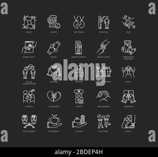Friendly relationship chalk white icons set on black background. Friendship, interpersonal communication, emotional bond. Best friends, buddies Stock Vector