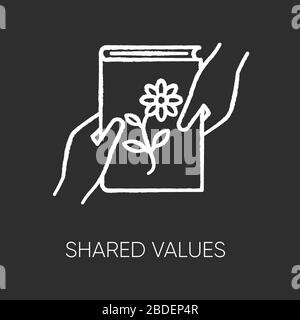 Shared values chalk white icon on black background. Common interests, friendly exchange. Literature, scrapbooking hobby. Friends sharing book Stock Vector