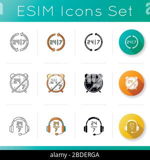 24 7 hour service icons set. Around clock working hours for customer support. Alarm watch for twenty four seven availability. Linear, black and RGB Stock Vector