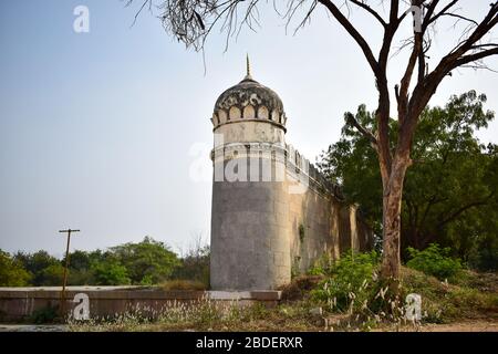 Minaret at old Mosque at the tombs of the seven Qutub Shahi rulers in the Ibrahim Bagh India Stock Photo