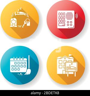 Hostel flat design long shadow glyph icons set. Renting room for night. Intercom. Security. Sleeping accommodation. Cleaning schedule. Cleanliness Stock Vector