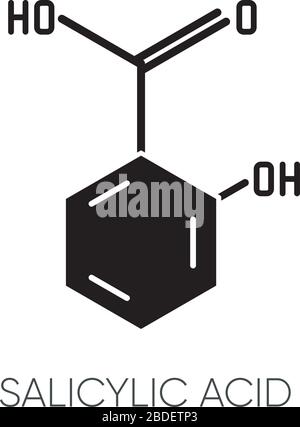 Salicylic acid black glyph icon. Chemical sequence. Molecular formula. Skincare component. Scientific research. Healthcare, cosmetology. Silhouette Stock Vector