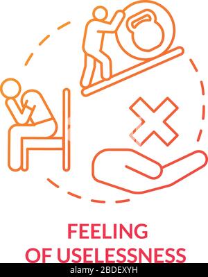 Feeling of uselessness red concept icon. Tired people. Stressed employee. Loneliness and solitude. Burnout symptom idea thin line illustration. Vector Stock Vector
