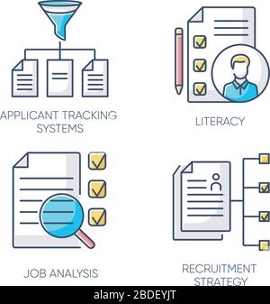 Professional employment RGB color icons set. Applicant tracking system, literacy, job analysis and recruitment strategy. Headhunting company Stock Vector