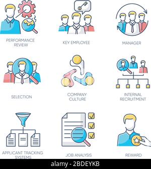 Recruitment RGB color icons set. Executive search, professional headhunting. Corporate employees search, staff hiring. Qualified office personnel Stock Vector