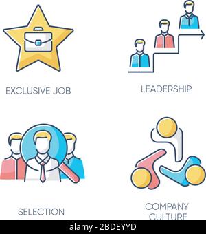 Business employment RGB color icons set. Exclusive job, leadership, selection and company culture. Executive search, professional employees Stock Vector