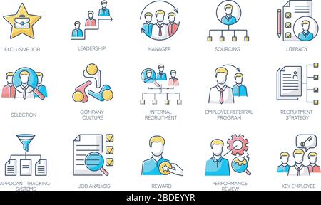 Headhunting RGB color icons set. Human resources management, corporate recruitment, professional employment agency. Executive search, personnel hiring Stock Vector