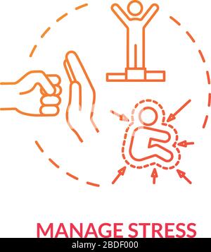Manage stress red concept icon. Healthy coping mechanism. Concentration problems. Resist pressure. Avoid burnout idea thin line illustration. Vector Stock Vector