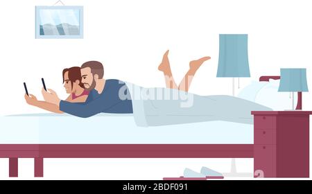 Couple in bed with smartphones side view semi flat RGB color vector illustration. Morning with cell phones. Young family addicted to gadgets lying Stock Vector