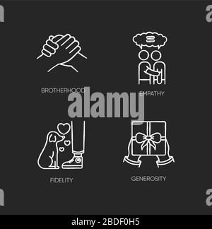 Friendly bonds chalk white icons set on black background. Strong emotional attachment, friendship. Brotherhood, empathy, fidelity and generosity Stock Vector