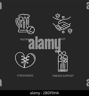 Best friends chalk white icons set on black background. Strong interpersonal bond, friendship. Pastime, trust, forgiveness and friends support Stock Vector