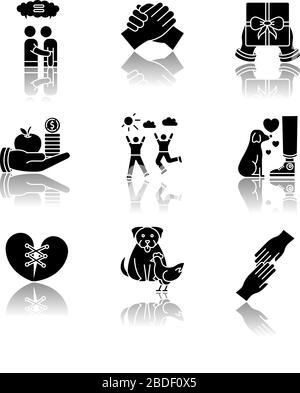 Friendship and support drop shadow black glyph icons set. Best friends connection. Interpersonal relationship, friendly interspecies bond symbols Stock Vector