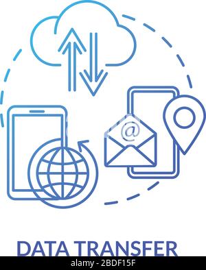 Data transfer blue concept icon. Upload info to cloud. File exchange. System access. Connect with smartphone. Roaming idea thin line illustration Stock Vector