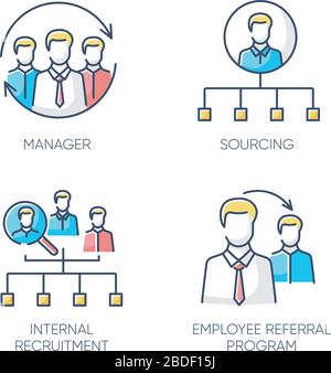Executive search RGB color icons set. Manager, sourcing, internal recruitment and employee referral program. Professional headhunting strategies Stock Vector