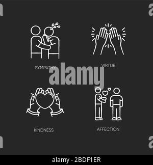 Social connection chalk white icons set on black background. Interpersonal relationship, friendship. Sympathy, virtue, kindness and affection Stock Vector
