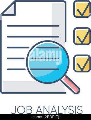 Job analysis RGB color icon. Business analytics, work assessment. Professional evaluation, corporate productivity examination. Document and magnifying Stock Vector