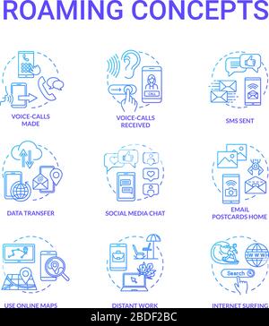 Roaming blue concept icons set. Online map. Browsing social media. Incoming voice calls. Distant work. Internet connection idea thin line RGB color Stock Vector