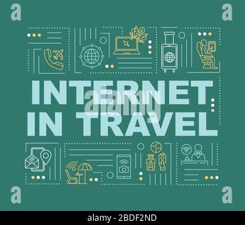 Internet in travel, Wi-fi concepts banner. Transient roamer, convenient service. Infographics with linear icons on green background. Isolated Stock Vector