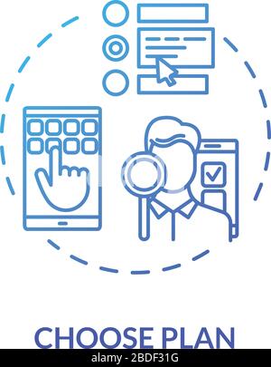 Choose plan blue concept icon. Pick insurance option. Select subscription option. Decide on internet tariff. Roaming idea thin line illustration Stock Vector