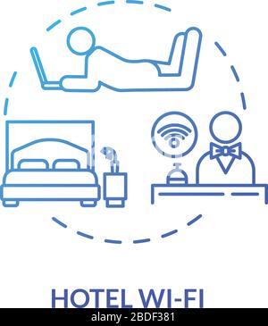 Hotel wi-fi blue concept icon. Get apartment signal with laptop. Free network coverage. Wireless internet. Roaming idea thin line illustration. Vector Stock Vector