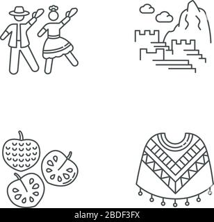 Peru pixel perfect linear icons set. Andean attractions. Marinera, Machu Picchu, cherimoya, poncho. Customizable thin line contour symbols. Isolated Stock Vector