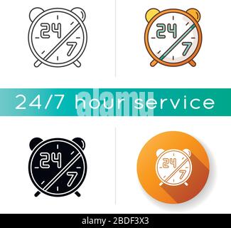 24 7 hours service icon. Alarm clock for highly available center. Everyday open sign. Watch dial with numbers. 24 hours online support. Linear black Stock Vector