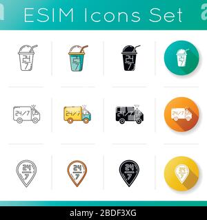 24 7 hour service icons set. Twenty four seven cafe menu. Around the clock working restaurant. All day delivery to pointed location. Linear, black and Stock Vector