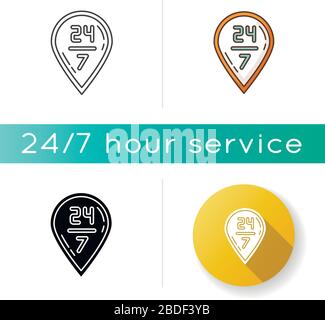 24 7 delivery icon. Twenty four seven hours shipping. GPS sign with numbers. Around the clock transportation. 24 h signage. Linear black and RGB color Stock Vector