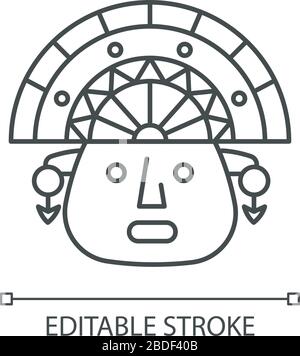 The Incas pixel perfect linear icon. Man face in traditional inca headdress. Peruvian culture. Thin line customizable illustration. Contour symbol Stock Vector