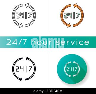 Open around the clock icon. 24 7 hour service. Everyday open store. Twenty four seven hours commerce and retail. Circular arrows. Linear black and RGB Stock Vector