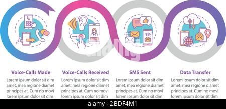 Telecommunication vector infographic template. Calls, messages, data transfer presentation design elements. Data visualization with 4 steps. Process Stock Vector