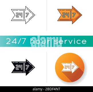 Arrow sign icon. Around the clock marketing service. Open everyday. Retail and commerce industry. Store direction. Shop location. Linear black and RGB Stock Vector